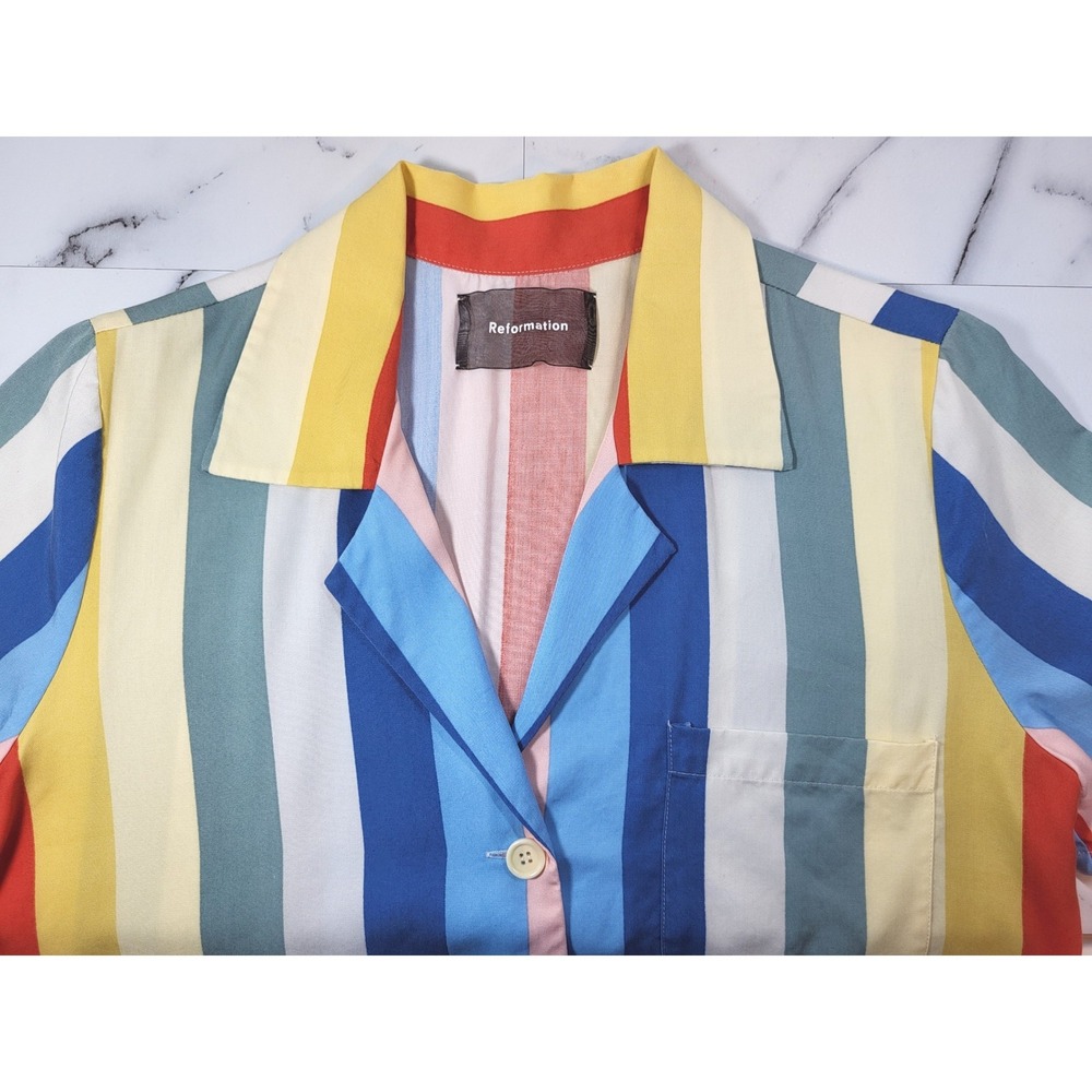 Reformation Womens Short Sleeve Camp Striped Button Down Shirt Multicolor Medium - Picture 3 of 9